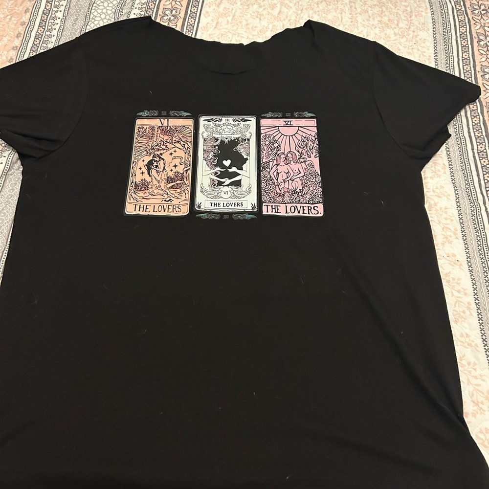 Black Graphic Tee with Tarot Card Design Lesbian Lovers Shirt